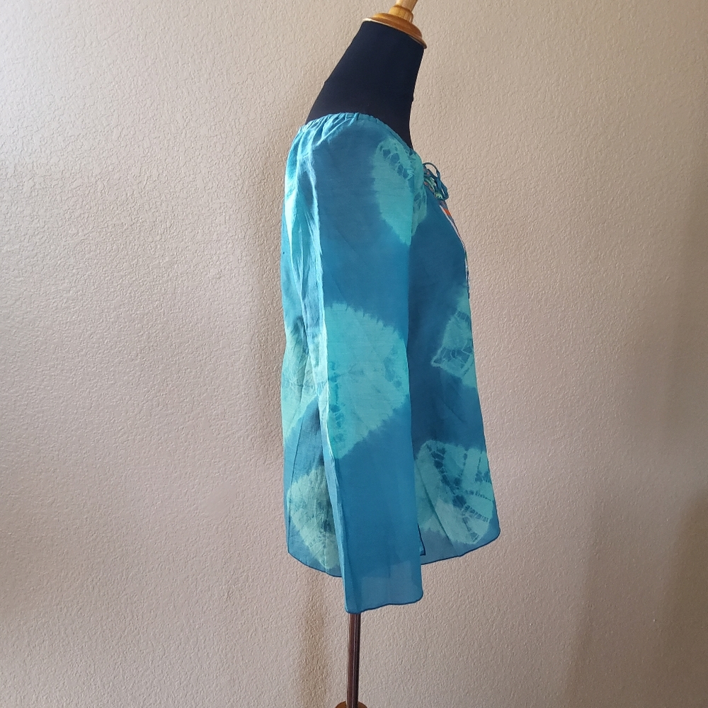 Hale Bob Cabana Silk Embroidered Beaded Tie Dye Peasant Top S Blue New - Picture 5 of 11